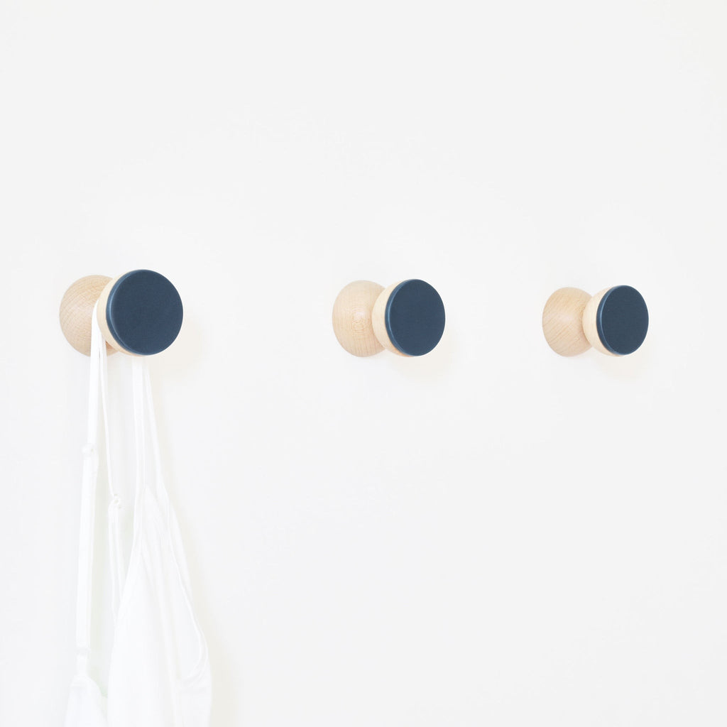 Beech Wood & Ceramic Wall Hook / Knob - Dark Blue